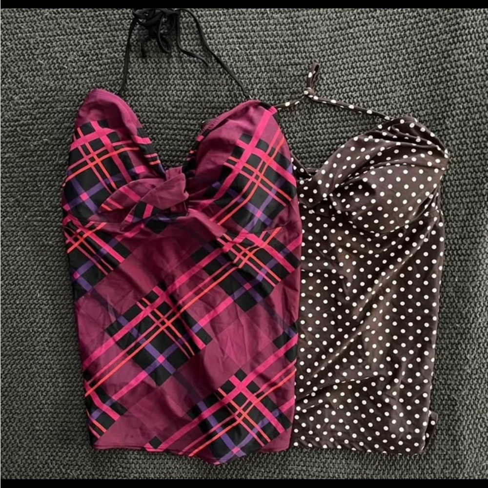 Pink Plaid and Brown Polka Dot Halter Tops